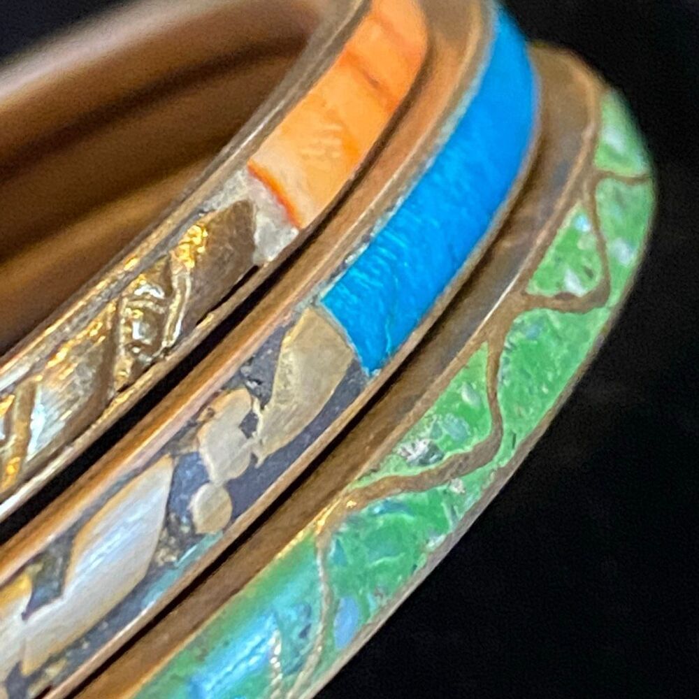 Colorful Antique Indian Brass Inlay Bangle Trio Art Deco Stacking Bangles